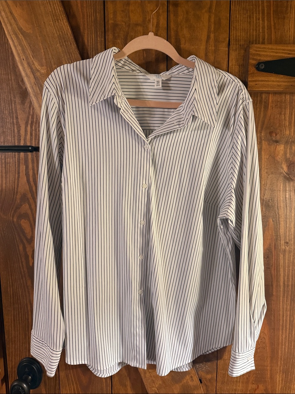 Time and Tru White Button-Up Shirt with Navy Stripes